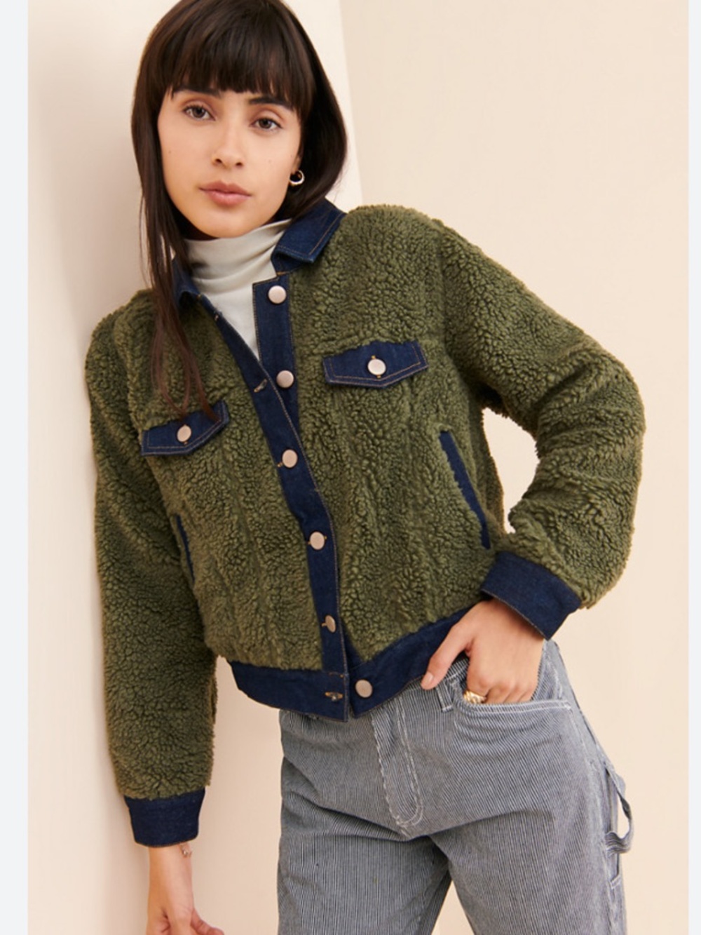 BROOKLYN KARMA Women's Olive Green Sherpa Jacket with Navy Denim  Trim. Size S